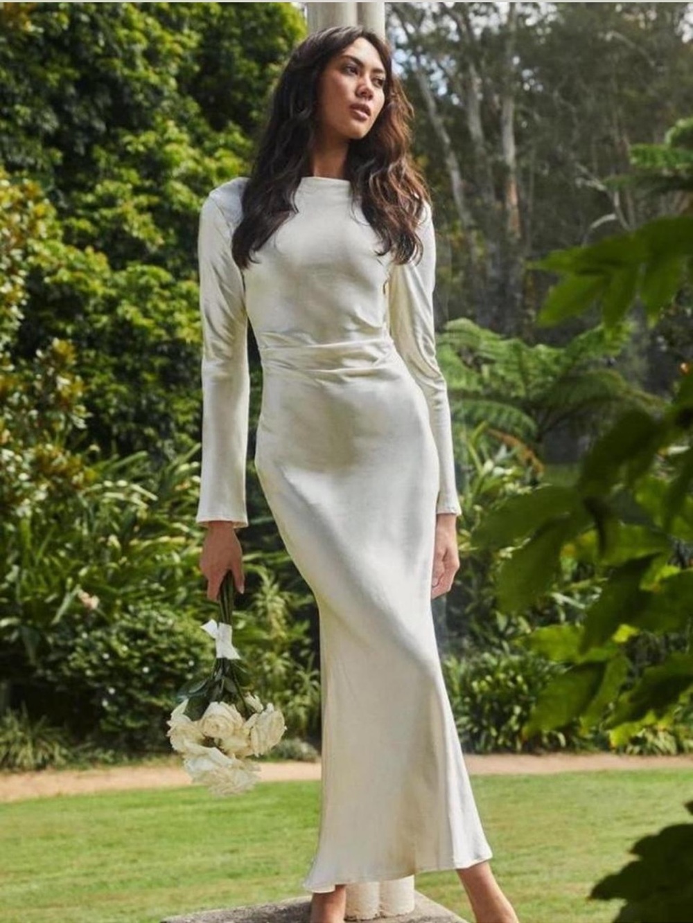 Selfie Leslie Ivory Satin Long-Sleeve Maxi Dress